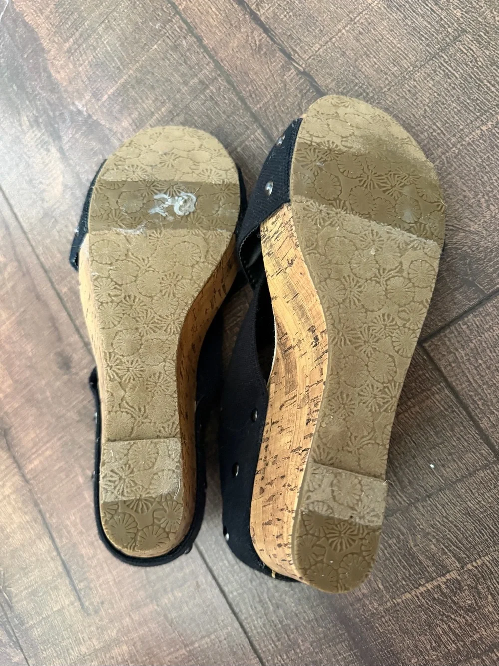 Esprit Black Canvas Cross Strap Cork Wedge Sandals Slides Mules Size 8.5